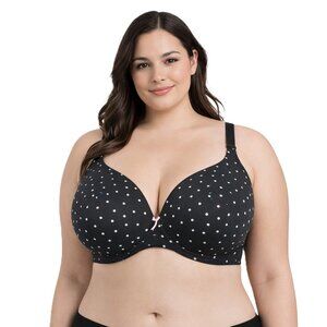 Cacique Boost Plunge Bra 46D Black Polka Dot Underwire Padded